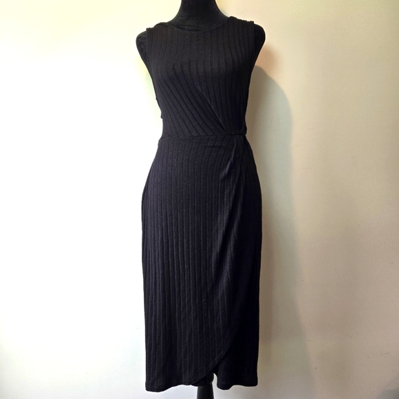 Women's Black Stretchy Ribbed Bodycon Wrap Dress Medium - Picture 1 of 11